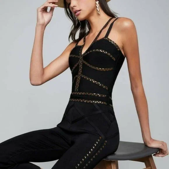💋 BEBE Black Studded Bandage Bodycon Jumpsuit XS New RARE 💋 - Picture 4 of 6
